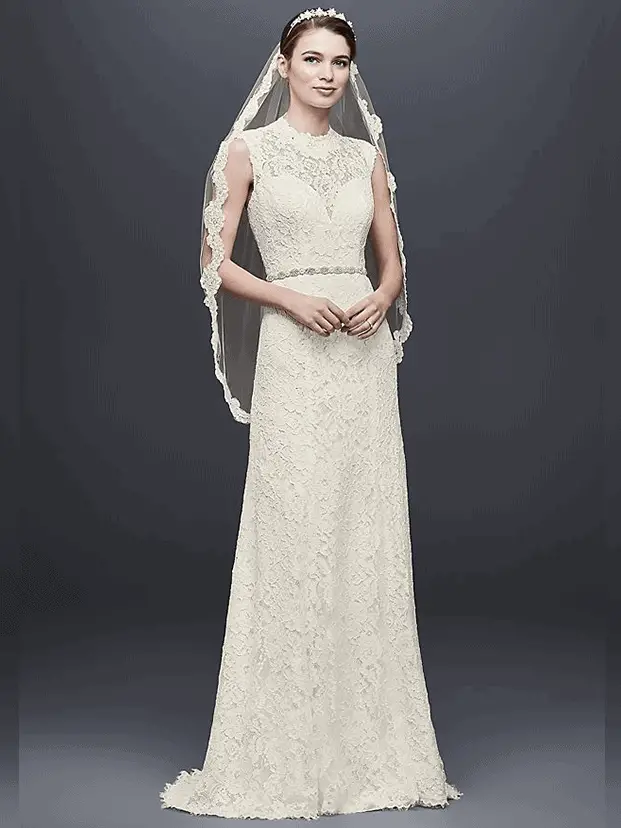 Allover Lace Cap Sleeve Sheath Wedding Dress - David’s Bridal Collection