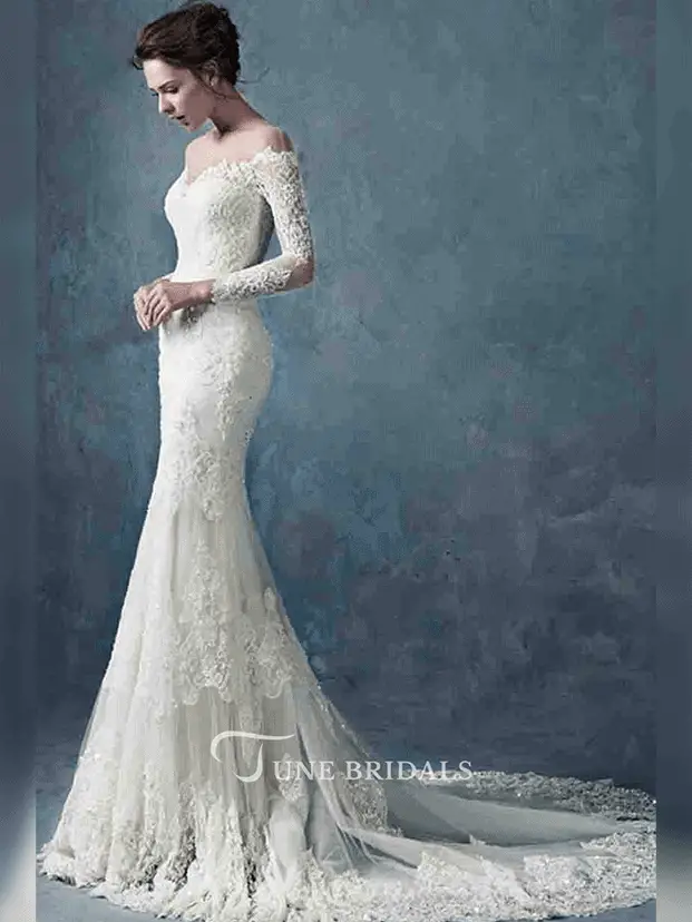 Off the Shoulder Long Lace Sleeve Lace Gown - June Bridals