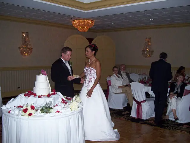married couple during a wedding cake cutting