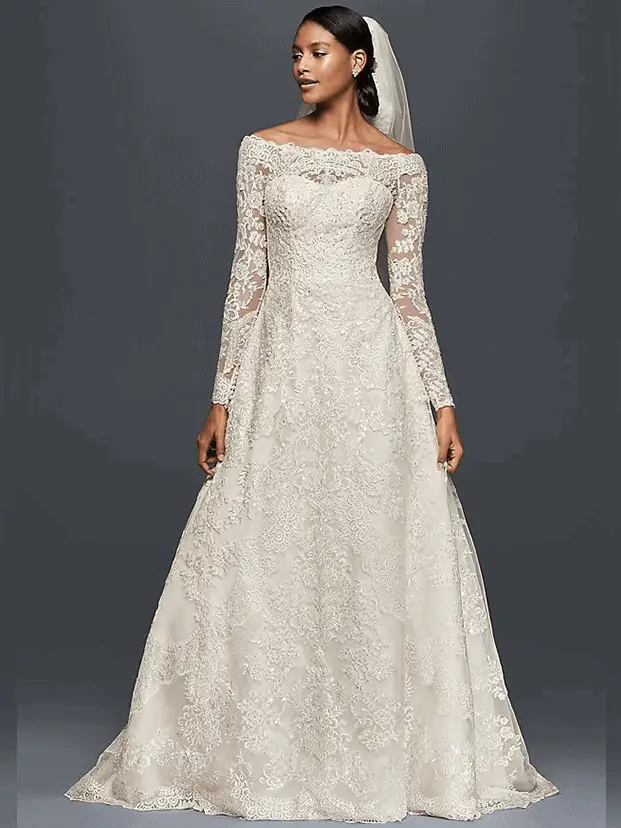 Off-The-Shoulder Lace A-Line Wedding Dress - Olleg Cassini