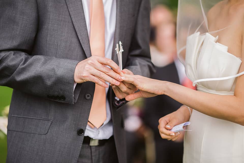 groom putting wedding ring