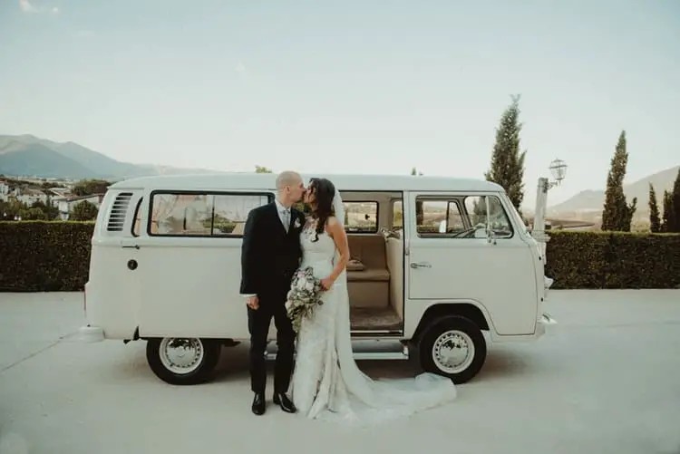bride and groom car