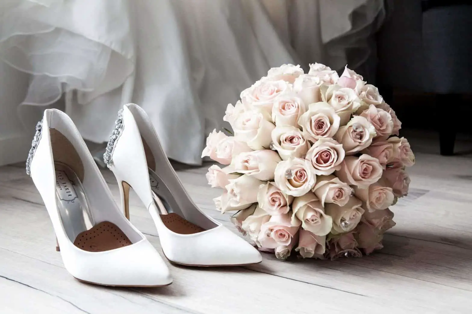 best wedding shoes and bouquet of flowers